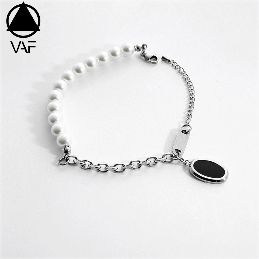 VAF Synthetic Glass Pearl Link Cross Chain Oval Enamel Charm Bracelet Stainless Steel Bracelet for Men and Women