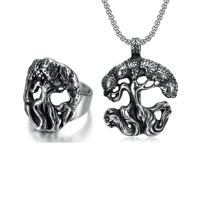 Hiphop Punk Tree of Life Necklace Rings Sets Stainless Steel Norse Viking Mythology Yggdrasil Tree Jewelry for Men Women