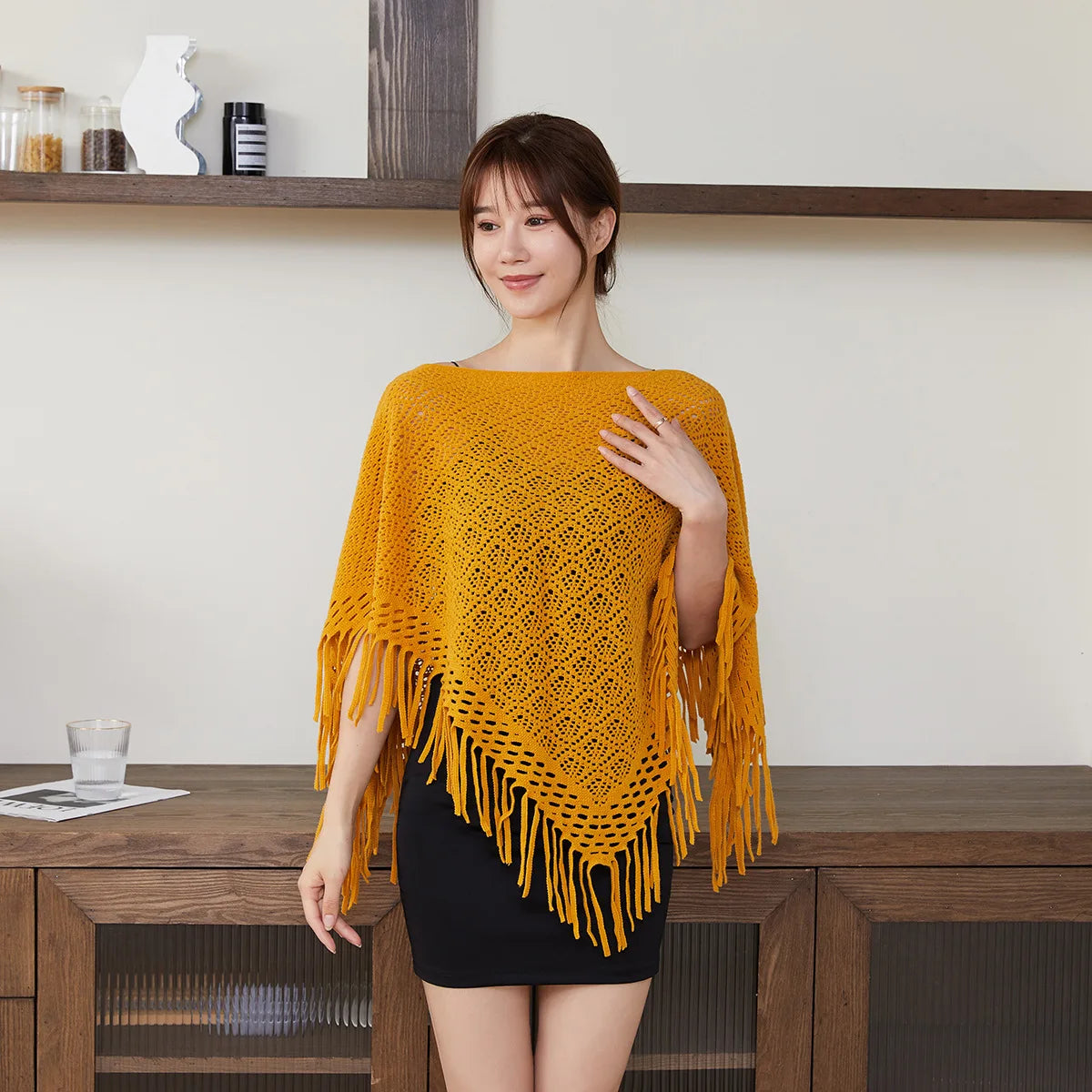 New Tassel Hollow Mesh Shirt Coat Spring/Summer Personalized Top Pullover Women's Shawl Knitted V Neck Cape