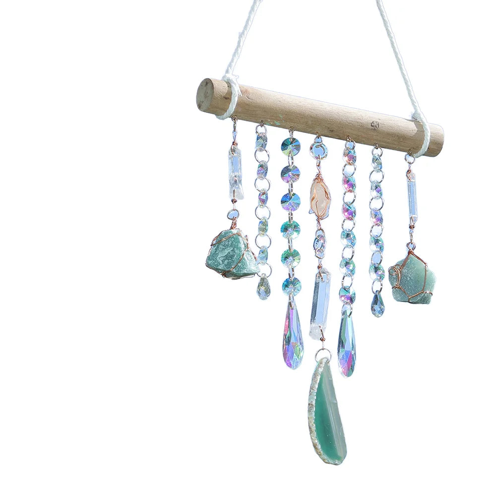 Natural Green Agate Window Decoration Sun Catcher Wall Art Deco Design Wood Sticks for Home Garden Crystal Decor Suncatchers