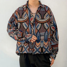 Wholesale Spring Fall Retro Vintage Style Button Down Men's Loose Jacquard Shirt Outerwear Jackets