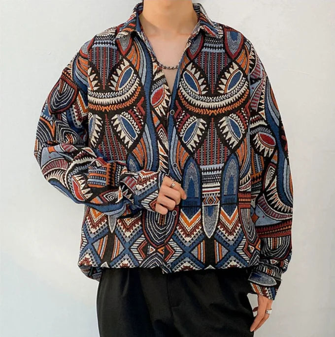 Wholesale Spring Fall Retro Vintage Style Button Down Men's Loose Jacquard Shirt Outerwear Jackets