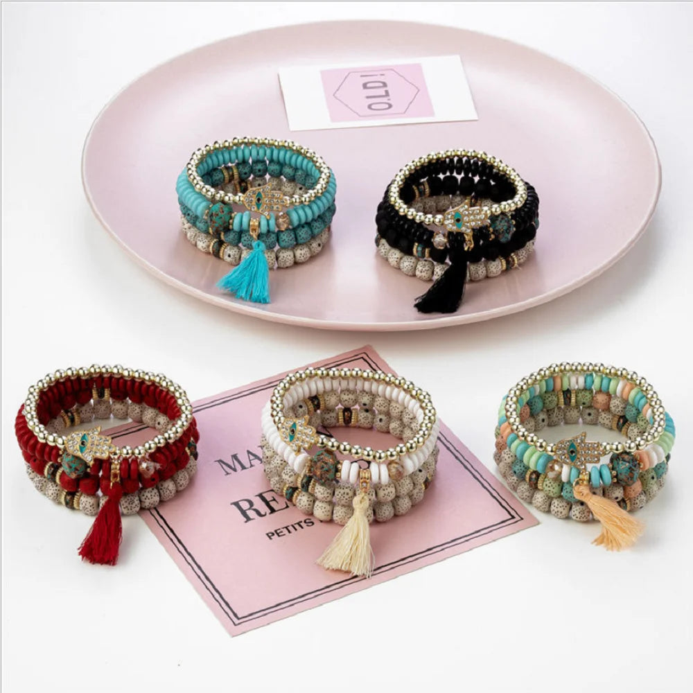 Fashion Multi-color Bohemian Bergamot Turquoise Tassel Multi-layer Beaded Bracelet Jewelry for Women