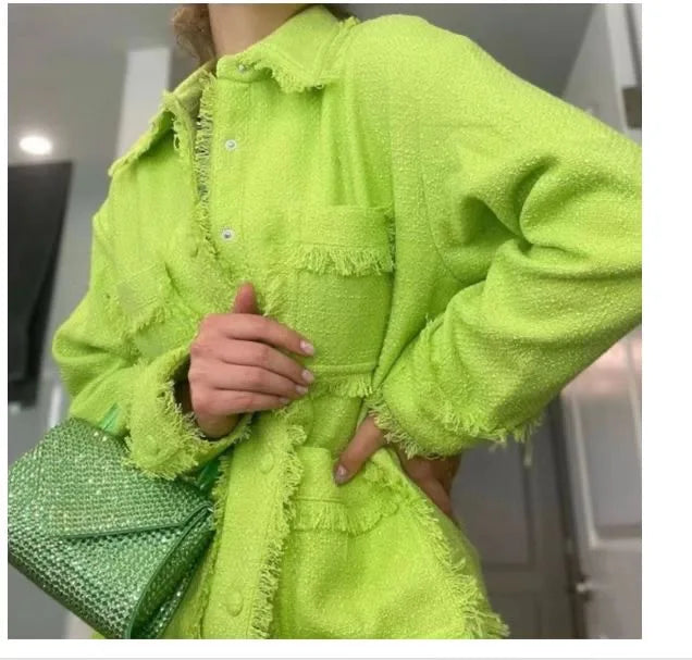 Women's OLIVE GREEN Tweed Blazer Jacket Coat New Fashion Turn Collar Long Sleeve Hooded Casual Print Knitted XS Size Wholesale