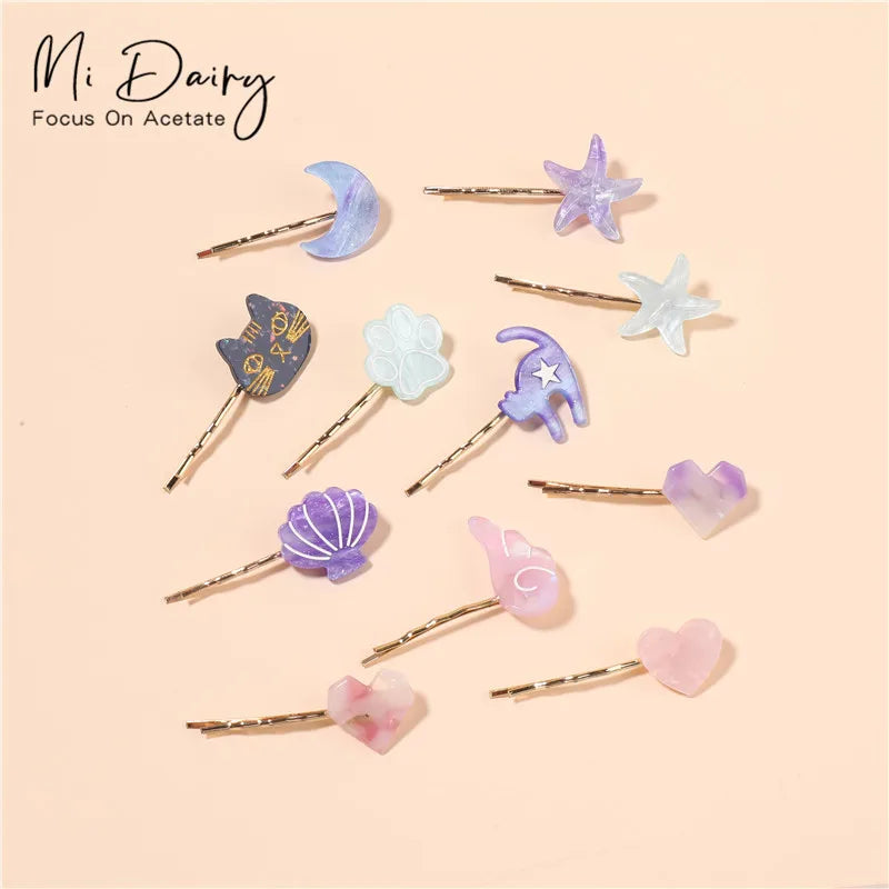 MiDairy Cute Custom Color Design Star Cat Heart Moon Shaped Hairpin Clips for Women Girls