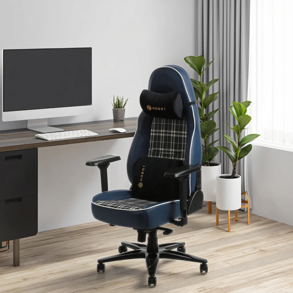Ergonomic High-Back PC Gaming Chair Stainless Steel Plaid Fabric Adjustable Magnetic Headrest Height-Adjustable Features for