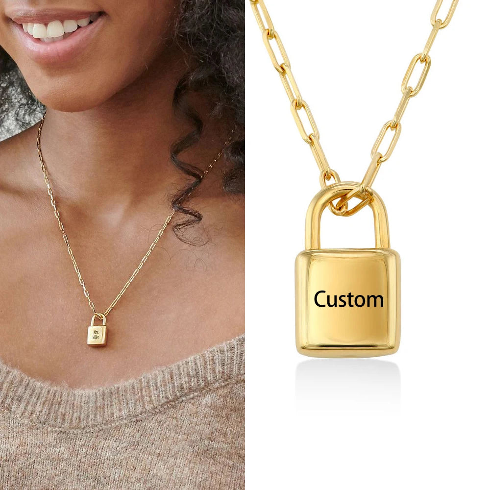 BINSHUO Wholesale Custom Stainless Steel Jewelry Women Titanium Steel Laser Engraved Letter Love Lock Charm Pendant Necklace