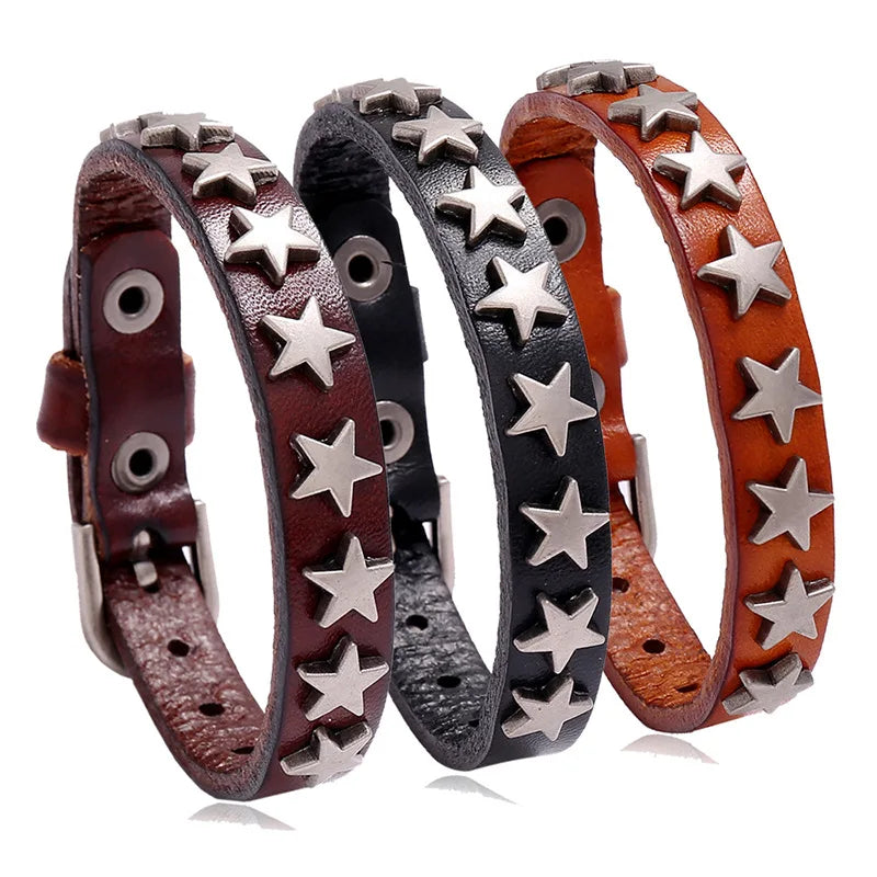 Vintage Charm Pentagram Five-Pointed Star Men Black Brown Punk Genuine Leather Bracelet Jewelry