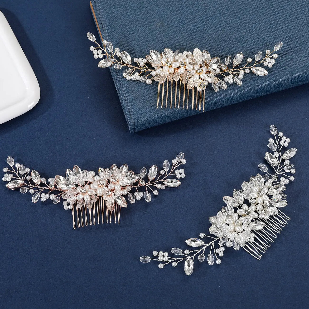 SLBRIDAL Handmade Wired Rhinestones Crystal Pearls Flower Wedding Hair Comb Bridal Headpieces Hair Accessories Women Jewelry