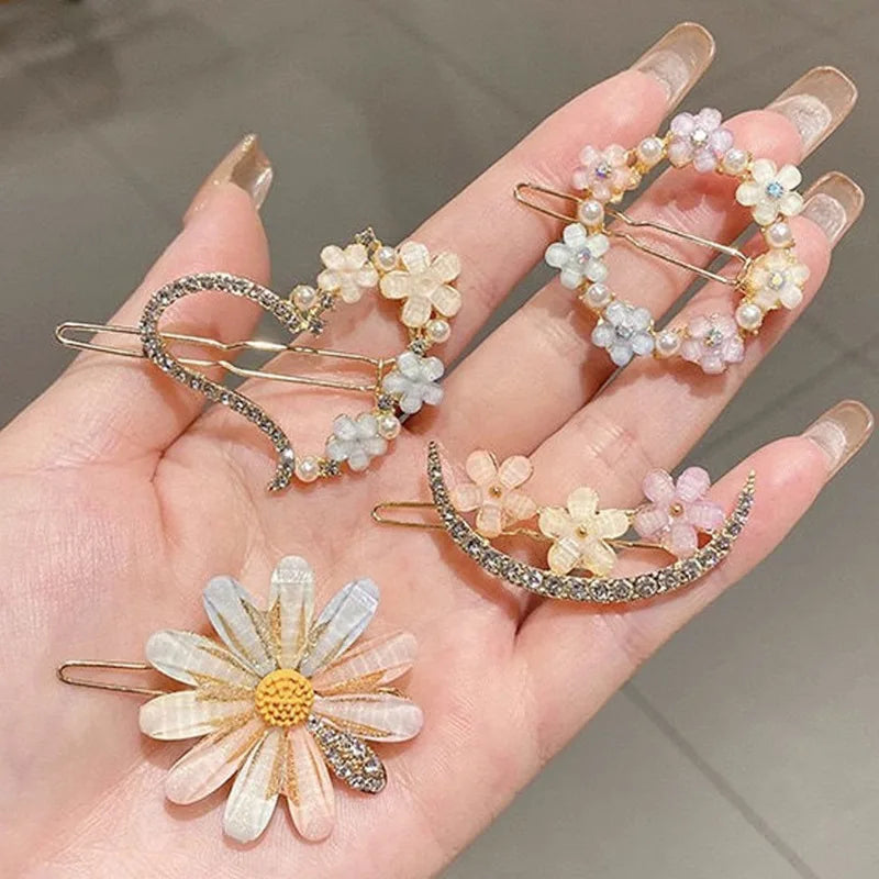 New Korean Elegant Gold Pearl Flowers Bling Rhinestone Crystal Women Hairpins for Girls