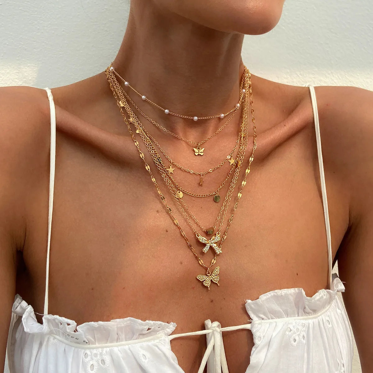 Trendy Stacked Star/Heart/Butterfly Pendant Necklace Set for Women Charms Lady Imitated Pearl Choker Fashion Jewelry Accessories