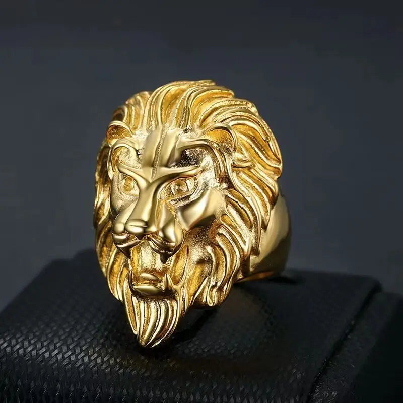 Custom Fashion Jewelry Gold Lion Head Design Stainless Steel Rings for Men Boys Jewelry Chic Punk Animal Lion Compass Ring