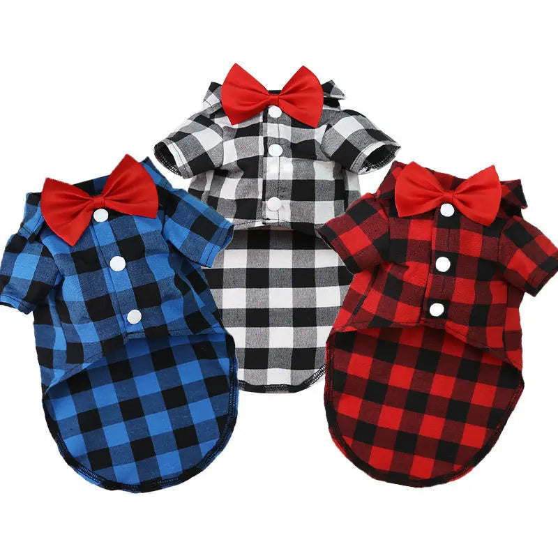 XS~4XL Summer Spring Checkered Pet Dog Shirt with Bow Tie