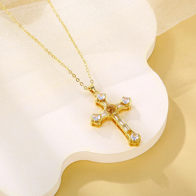 Diamond Crystal Colorful Zircon Cross Necklace with Heart-shaped Link Chain Jewelry  Customized Photo Projection Necklace