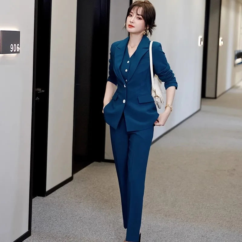 XS-XL Premium Blue Suit Set Female Professional Temperament Business High End Crop Pants Vest Pants Three Piece Set