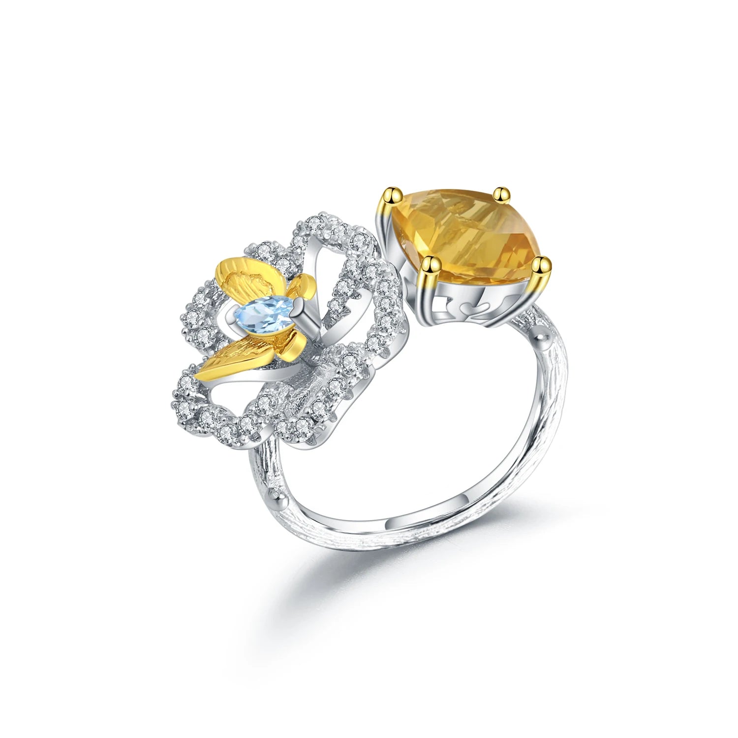 C8229 OEM ODM Natural Citrine BlueTopaz Gemstone Butterfly and Hollow CZ Flower Opening Rings for Women Jewelry