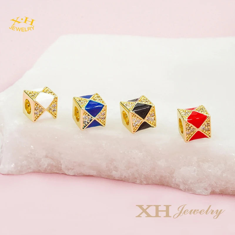 CZ Charm Enamel Brass Copper Hexagon Cube Beads Spacer Connector for Bracelet Necklace Jewelry Making