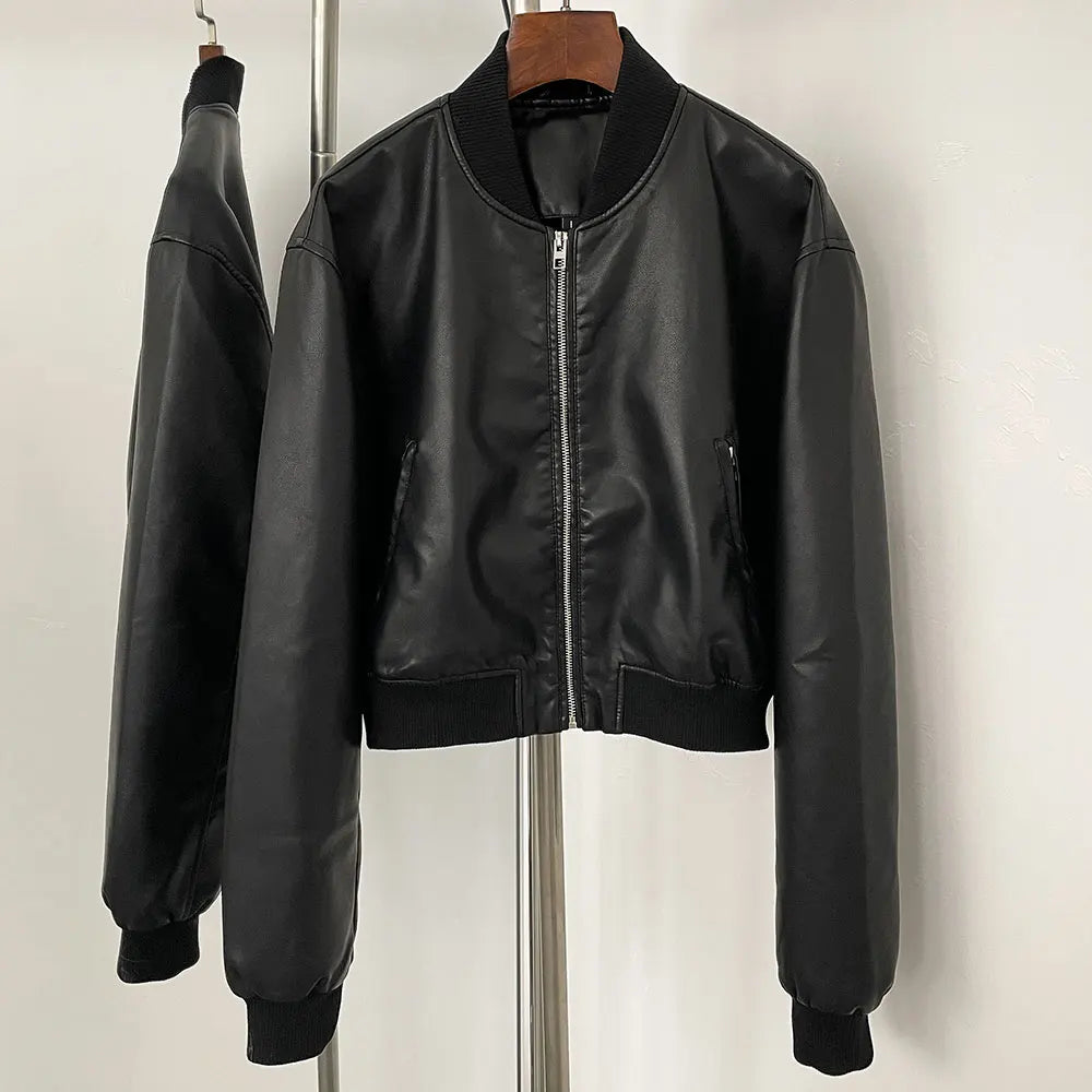 OFTBUY Women's Vintage Retro Moto Biker Coat Loose Pu Faux Leather Short Jacket with Zipper Rivet Decoration Autumn Outwear Belt