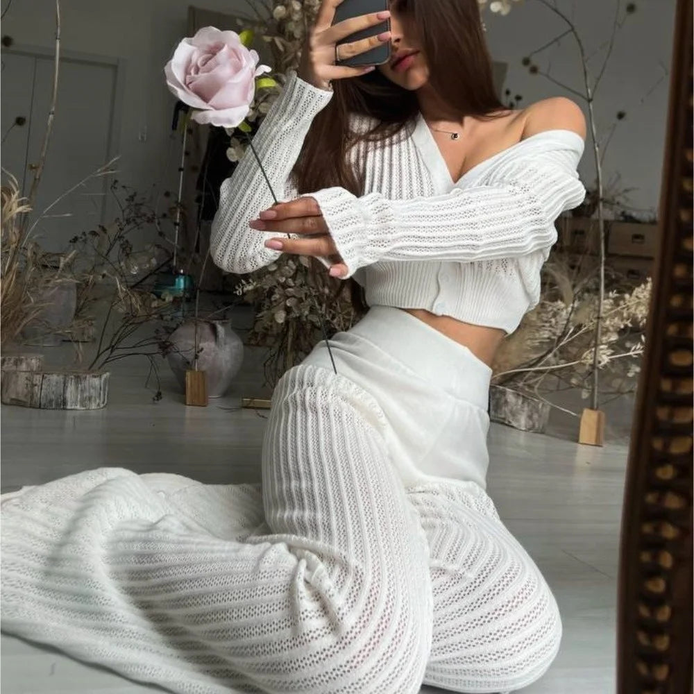 Women's 2024 Autumn Collection Knitted Long Sleeve Top Pants Sets Button-Up Cardigan Hollow Tracksuits Short Two Piece Set