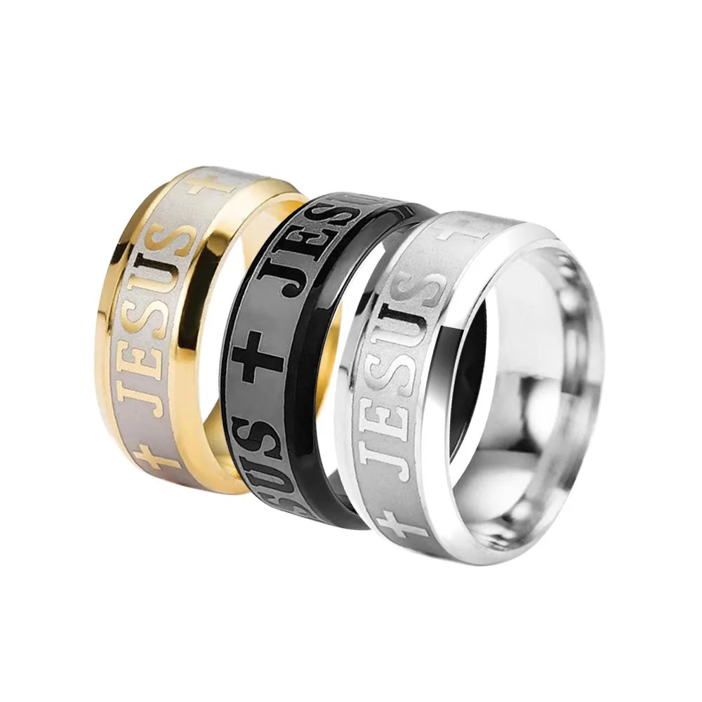 Wholesale Punk Hip Hop Cross Rings Jewelry 8mm Stainless Steel Gold Black Corrosion Christian Jesus Ring for Men Women