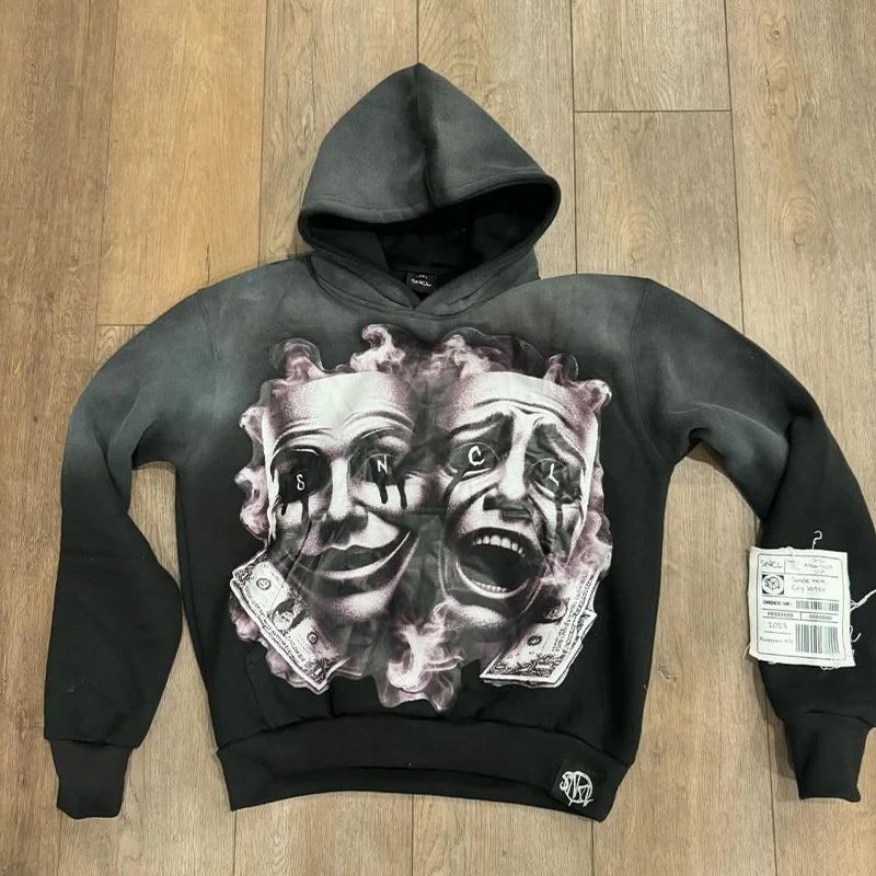 Custom Logo Distressed Patch Embroidered Zipper 100% Cotton Men's Vintage Hoodie Acid Wash Streetwear 3D Printing