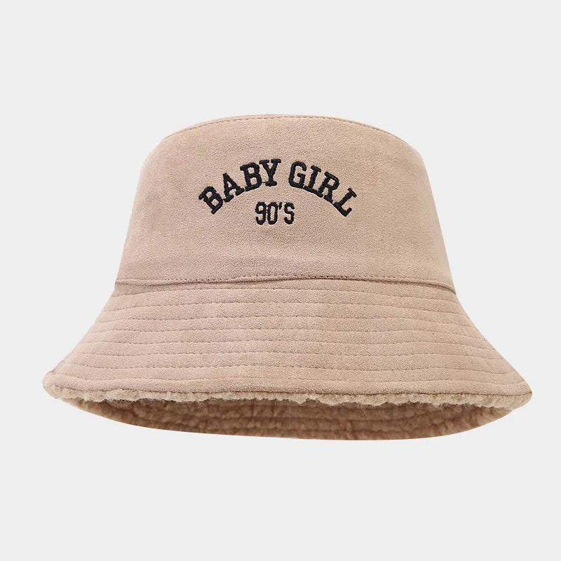 Fashion Winter Accessories Reversible Brim Fluffy Plush Suede Bucket Hat Embroidery logo Faux Fur Hats for Women