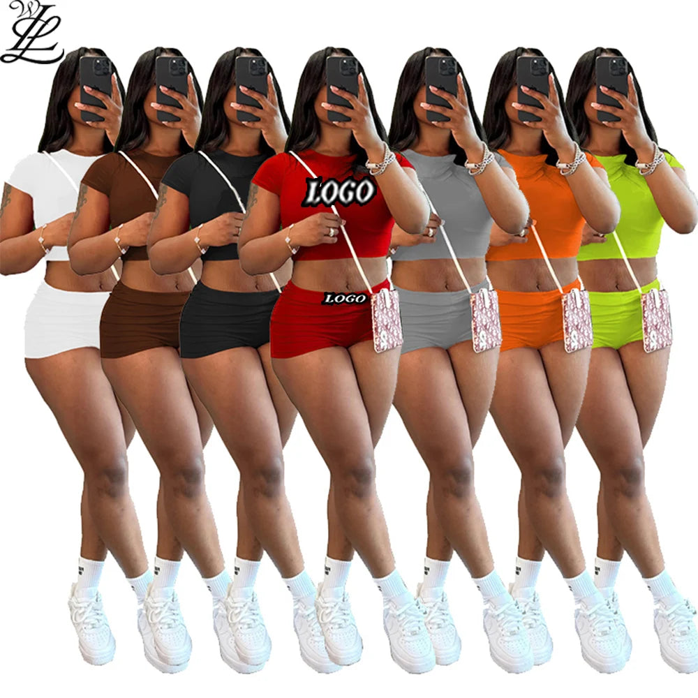 2026 New Summer Biker Shorts Outfit Two Piece Custom LOGO Tracksuits Loungewear Leggings Midriff Baring Tops Suit Women's Sets
