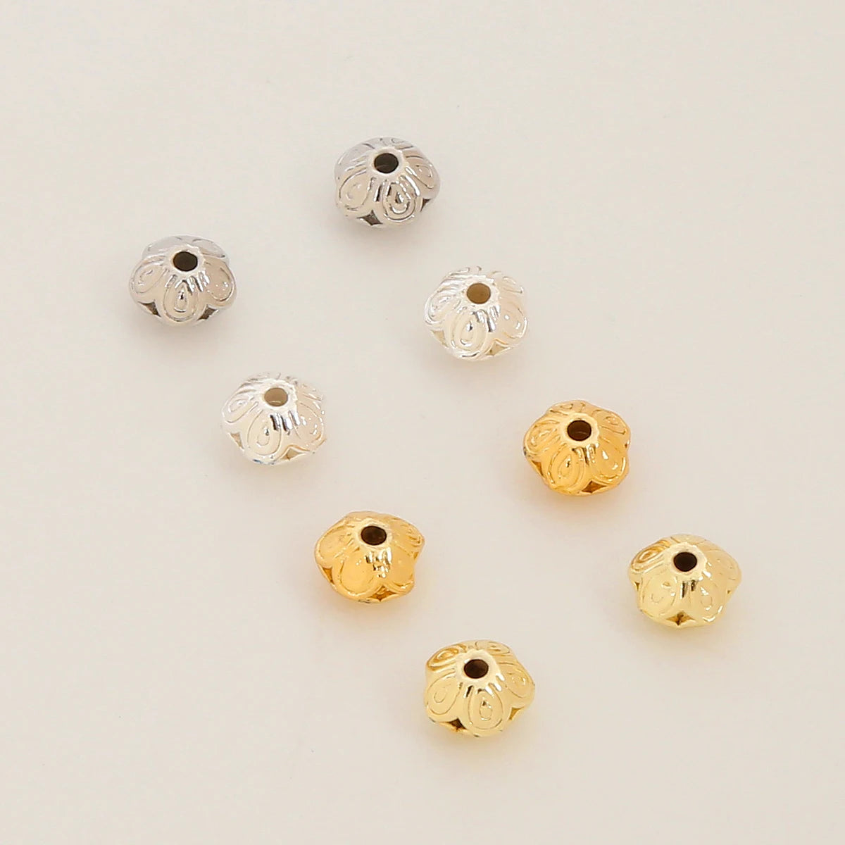 18K Gold Plated Brass Loose Bead Classical Style Five Petal plum Blossom Round Bead DIY 3D Patterned Flat Bead for Jewelry