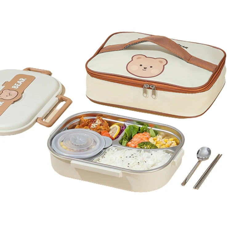 Eco-friendly Stainless Steel Kids Dining Bento Lunch Box Lovely Bear Rabbit Tableware with Compartments BPA Free and Non-Spill
