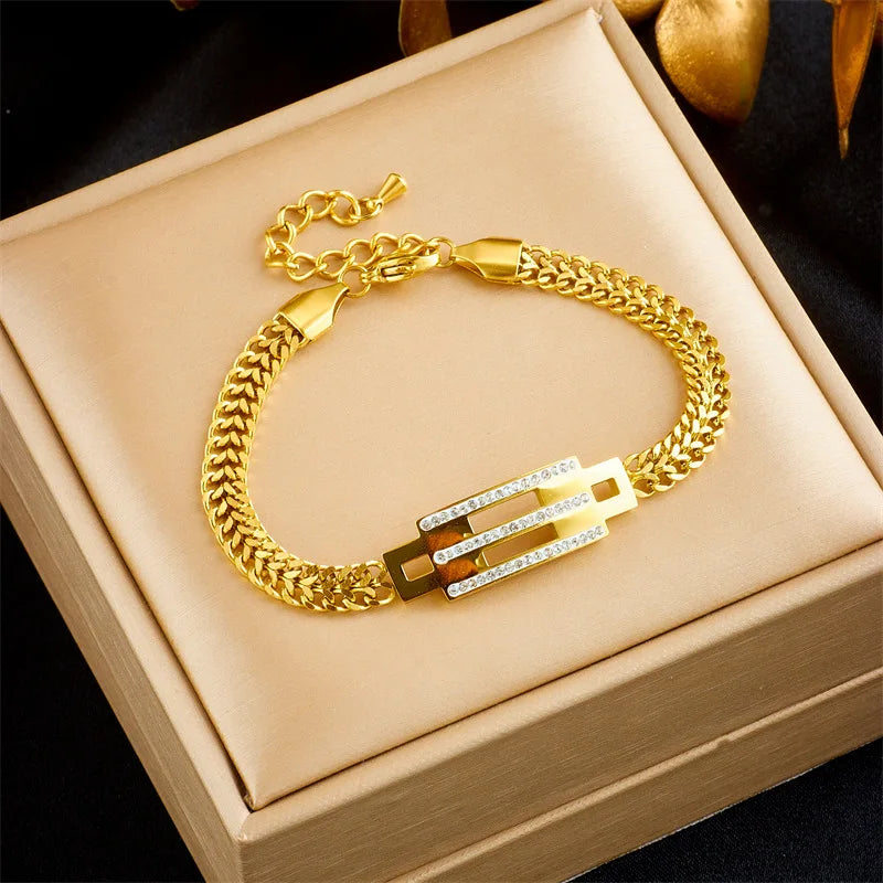 Fashion Adjustable Tarnish Free 18k Gold Plated Stainless Steel Square Zircon Women Bangle Bracelet Jewelry