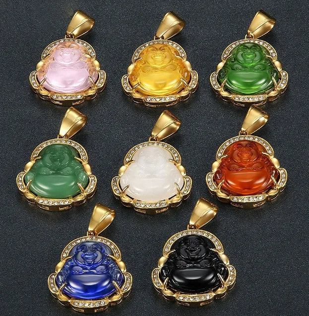 Dina New Arrival Religious 18K PVD Gold Plated Glazed Stone Chalcedony Maitreya Buddha Pendant Stainless Steel Jewelry for Women