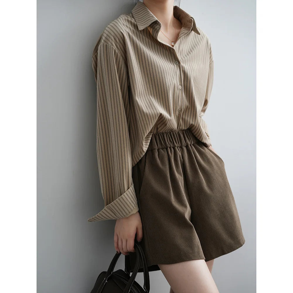 80870# Eyegemix Vintage Hong Kong Flavor Salt Striped Shirt for Women 2025 Autumn New French Minority Long Sleeve Blouse Top