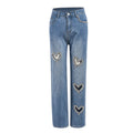 Hot Sale Autumn Women's Denim Trousers Washed Rhinestone Diamond Hollow Out Trendy Jeans for Women Fashion Denim Jean Pants