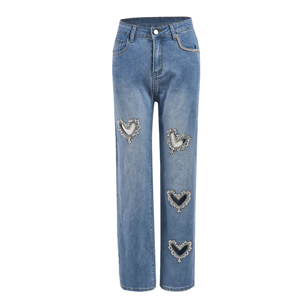 Hot Sale Autumn Women's Denim Trousers Washed Rhinestone Diamond Hollow Out Trendy Jeans for Women Fashion Denim Jean Pants