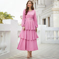 Cute Women Pink Cake Layered Princess Dress Ruffle Belt Polyester Lovely Ethnic Muslim Long Abaya