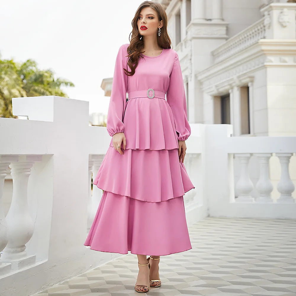 Cute Women Pink Cake Layered Princess Dress Ruffle Belt Polyester Lovely Ethnic Muslim Long Abaya