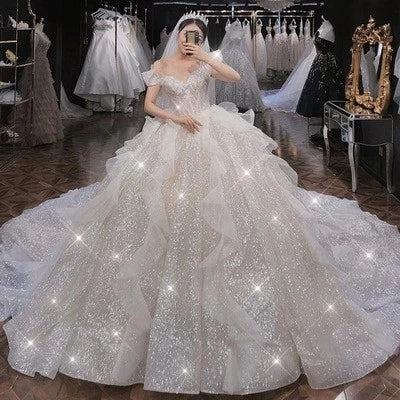 Embroidered Tulle V-neck Bridal Gown Maxi Elegant Women Tulle Off Shoulder Wedding Dress Ball Gown