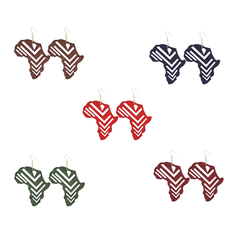 Fashion Retro Wood Brown Geometric Hook Earrings Hanging Jewelry Earring Handmade African State Map Wooden Earrings for Women