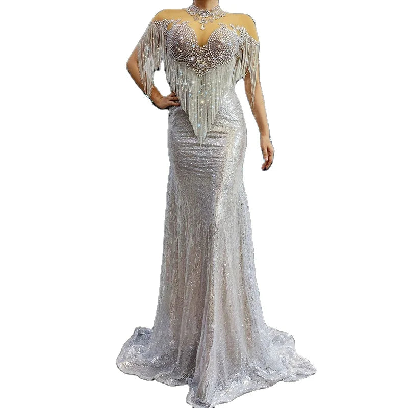 Silver Dresses  Woman Singer Birthday Party  Diamond Tassel Wedding Dress Bridal Gown Evening Fabric Prom Dress