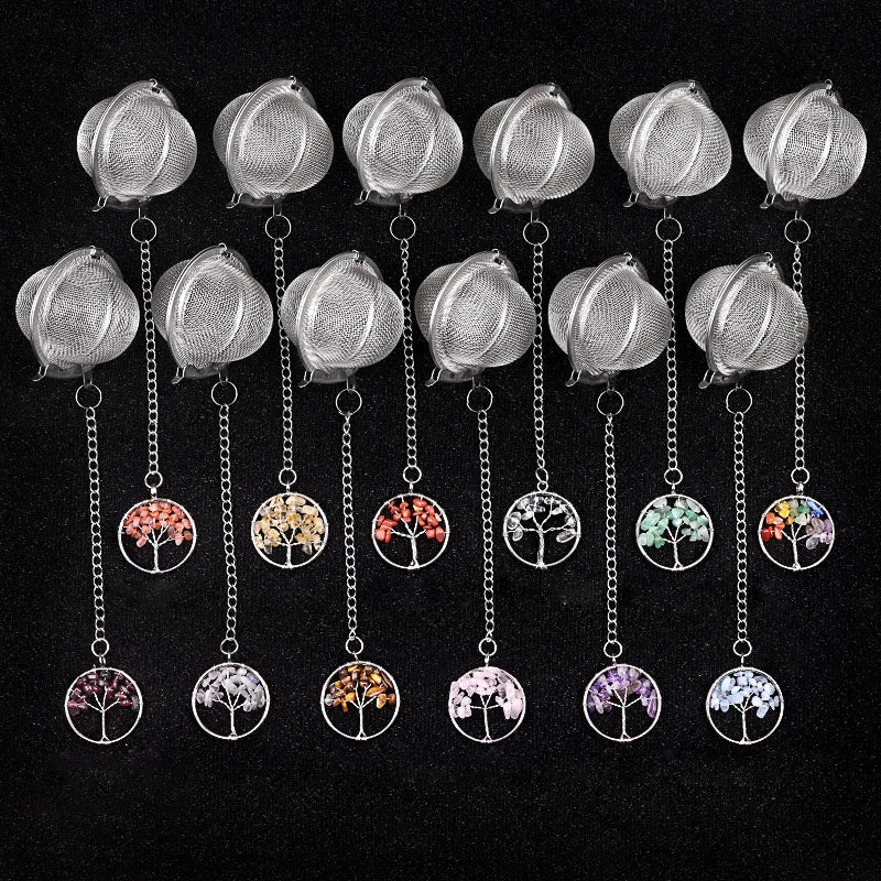 Handmade Healing Stone Tree of Life Stainless Steel Ball Mesh Tea Strainer Amethyst Rose Quartz Crystal Tree Life Tea Infuser