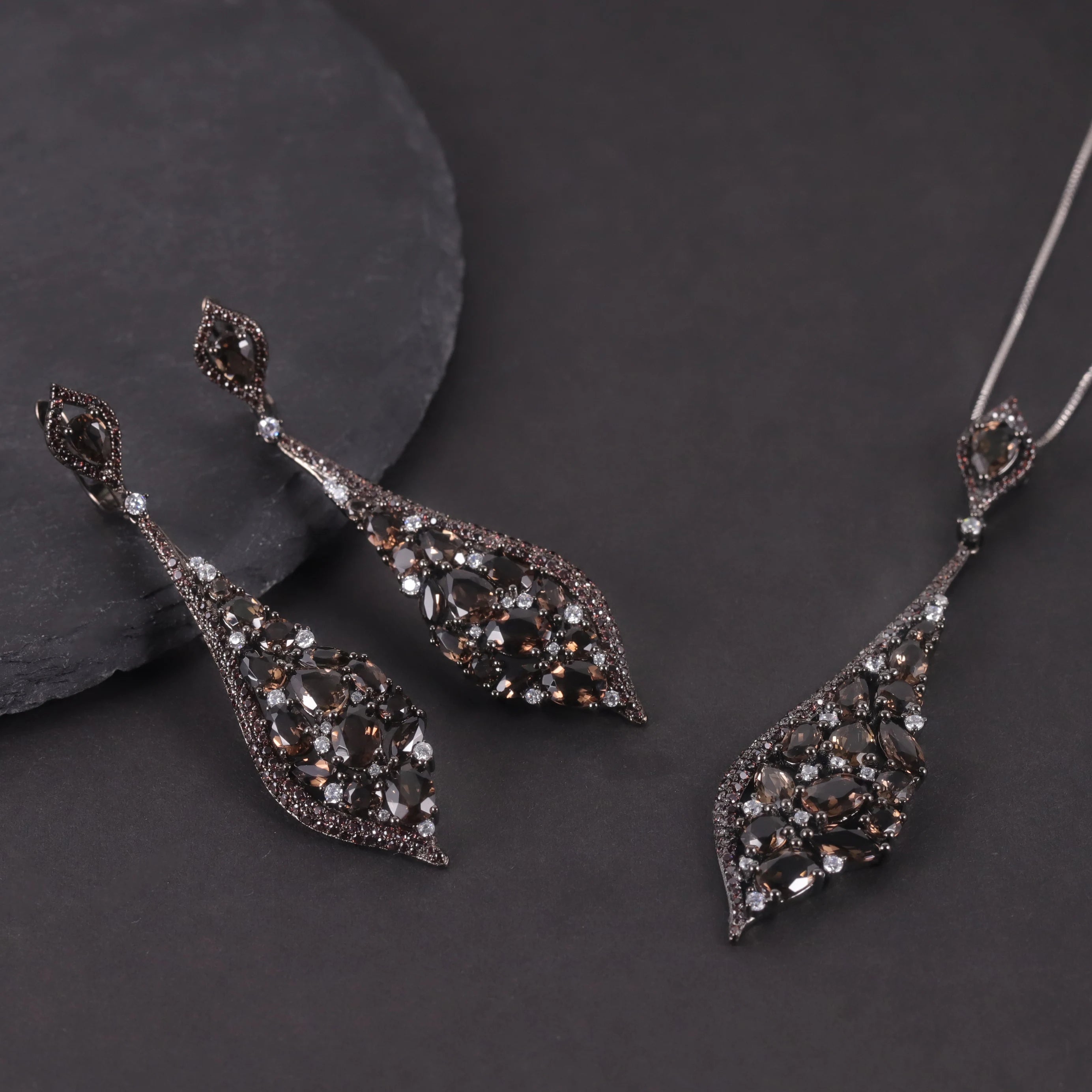 W0458 Abiding Jewelry Manufacturer Smoky Quartz Jewelry Set Black Gun Plated Silver Dark Color Well Polished Jewelry Set