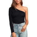 Women Customized Bamboo Viscose Long Sleeve One Shoulder Black Knit Cropped Top Shirt Appliques Buttons Eco-Friendly Super Soft