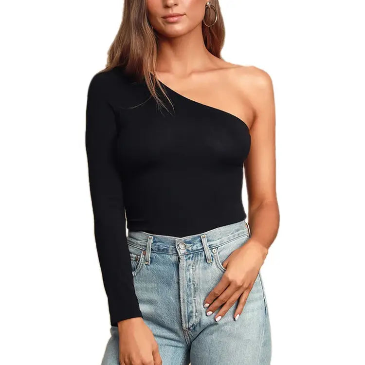 Women Customized Bamboo Viscose Long Sleeve One Shoulder Black Knit Cropped Top Shirt Appliques Buttons Eco-Friendly Super Soft