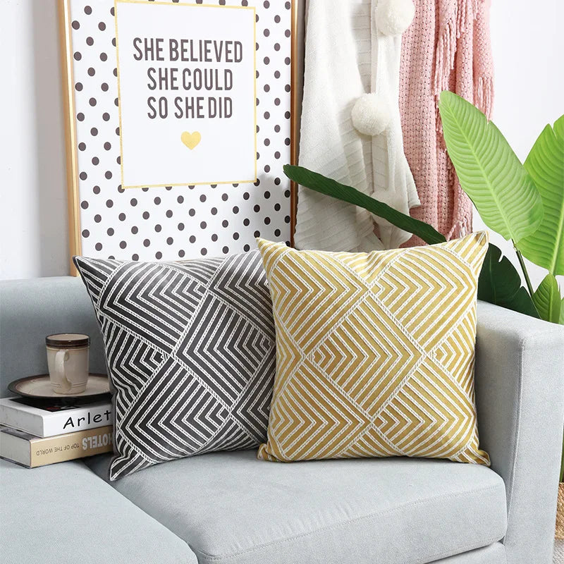 Cotton Embroidery Cushion Cover Yellow Decorative Throw Pillow Cover Geometric Invisible Zipper Pillow Cover for Living Room