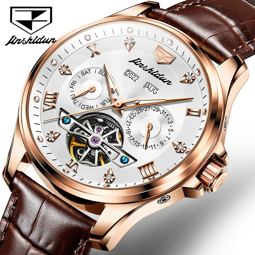 JSDUN 8926 OEM Custom Logo Fashion Automatic Leather Waterproof Watch Automatic Tourbillon Mechanical Wrist Watches for Men