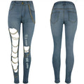 XS-3XL Street Fashion Big Hole Jeans Women Chain Hanging Elastic Cotton Small Leg Pants Casual Pants