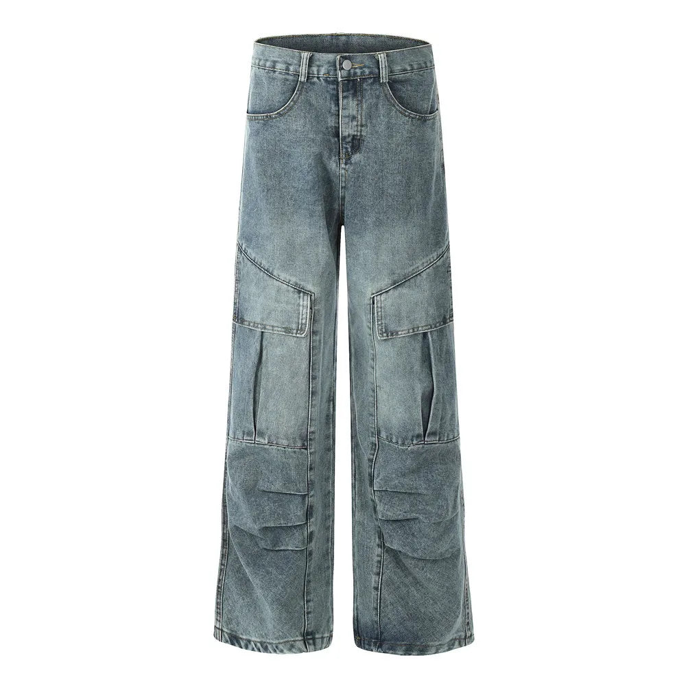 Heavy Deconstructed Patchwork Pleated Large Pocket Cargo Jeans Mens High Street Fashion Designer Loose Stone Wash Wide Leg Pants