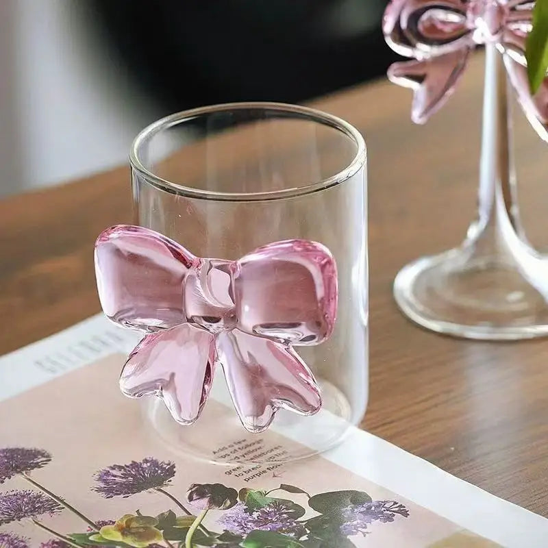 3D Bow Knot High Borosilicate Glass Tea Cups Pink Bow Tie Glass Water Cup Coffee Mug Mug for Gift Wedding