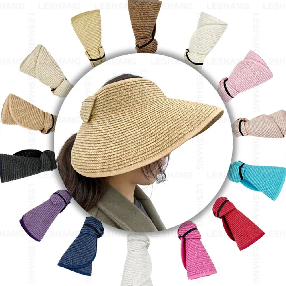 New Foldable Plain UPF 50+ Custom Logo Straw Visor Hat Breathable Wide Brim Roll-up Bowknot Ponytail Beach Sun Hat for Women