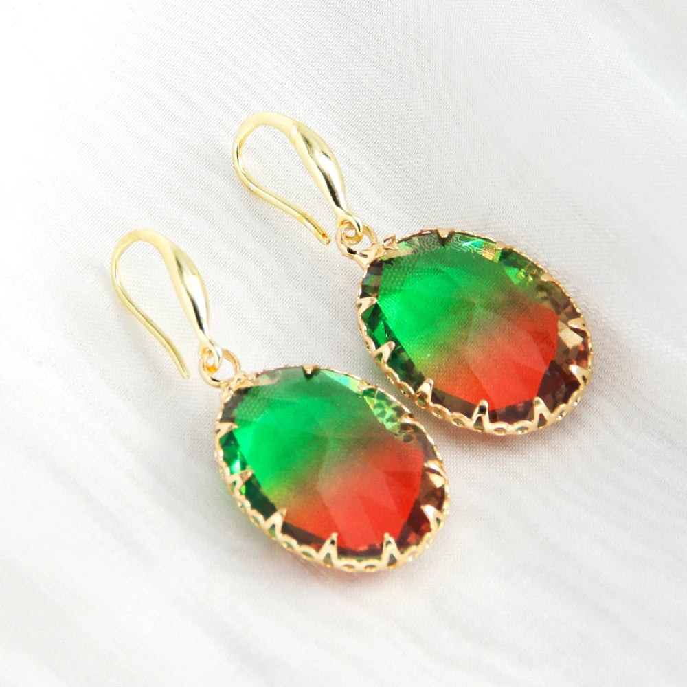 Newest Fashion Lady Gift Simple Jewelry Multicolor Faced Oval Crystal Glass Pendant Earring Xmas Earring